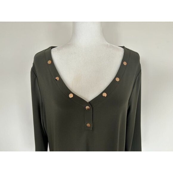 FRANK LYMAN Design Tunic Top Size 12 Olive Green Jersey Knit 3/4 Sleeves Gold - Picture 2 of 6